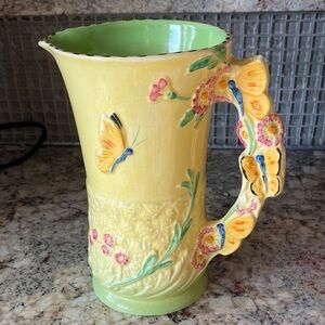 Antique Burleigh Ware Butterfly Majolica Hand Painted Jug Pitcher Vase Art Deco